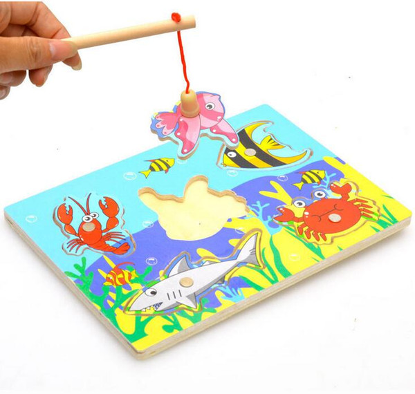 Wholesale-New Wooden Magnetic Fishing Game & Jigsaw Puzzle Board Children Toy