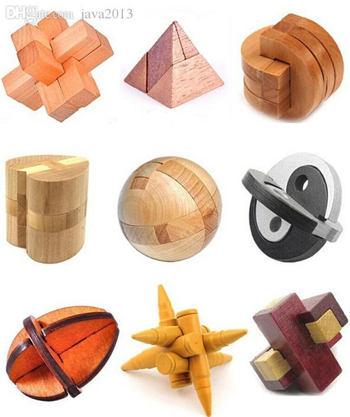 Wholesale-9PCS/Lot Classic IQ Mind Brain Teaser 3D Wooden Interlocking Burr Puzzles Game for Adults and Kids