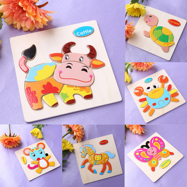 One Set Kids Jigsaw Puzzle Cartoon Animals Dimensional Puzzle Force Children Wooden Jigsaw Puzzle Kids Education Learning Toys