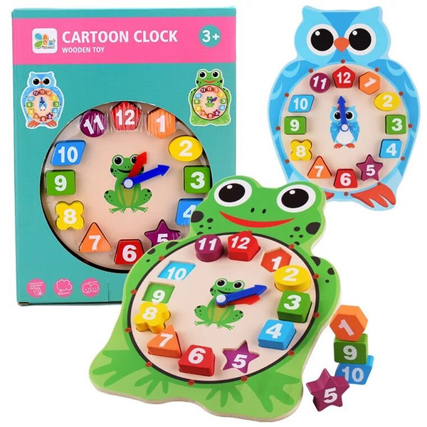 Cartoon animal Educational Wooden clock toy wooden puzzle frog shape owls shape DIY 3D Clock Toy