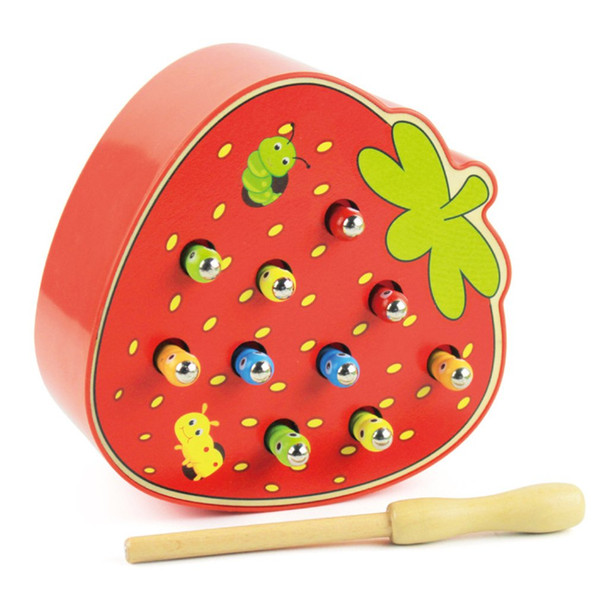 Apple Srewberry Kids Wooden Toys Catch Worms Games with Magnetic Stick Montessori Educational Creature Game Puzzles Toys