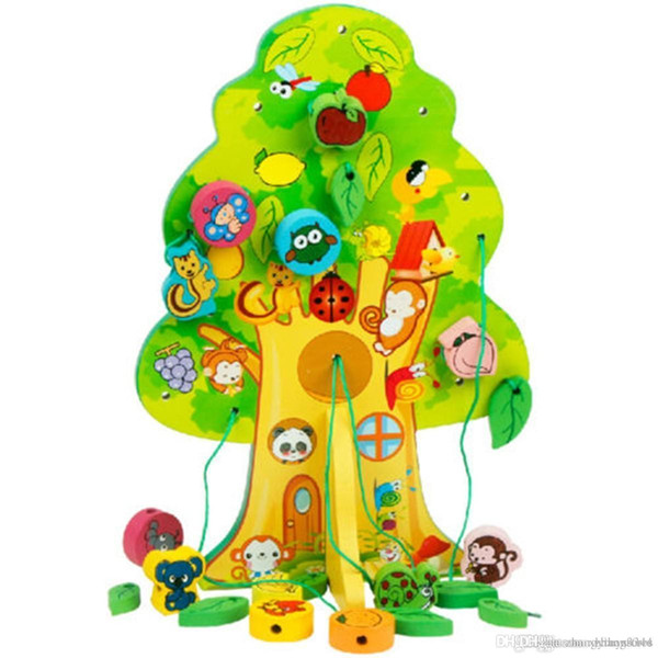 Wholesale-2016 New Arrival Children Favor Educational Wooden Toy Animal Fruit Tree House Stringing Beads Baby Birthday Gift