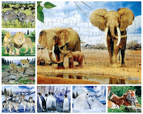 48pcs/lot 21*28CM 40Pieces Wild animals of elephant white bear lion penguin leopard Wolf tiger zebra puzzle Jigsaw Puzzle toy