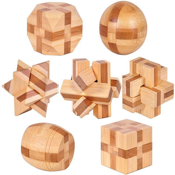 Wholesale-7pcs/lot 3D Eco-friendly bamboo IQ jigsaw brain teaser adults puzzle,educational wooden toys for kids