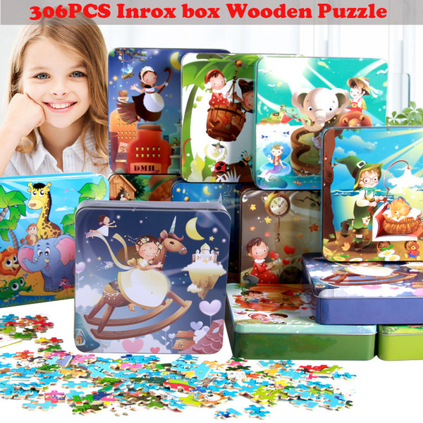 Wholesale- 306Pcs iron box cartoon puzzle wooden toys for childre baby education jigsaw puzzle toys the great gifts