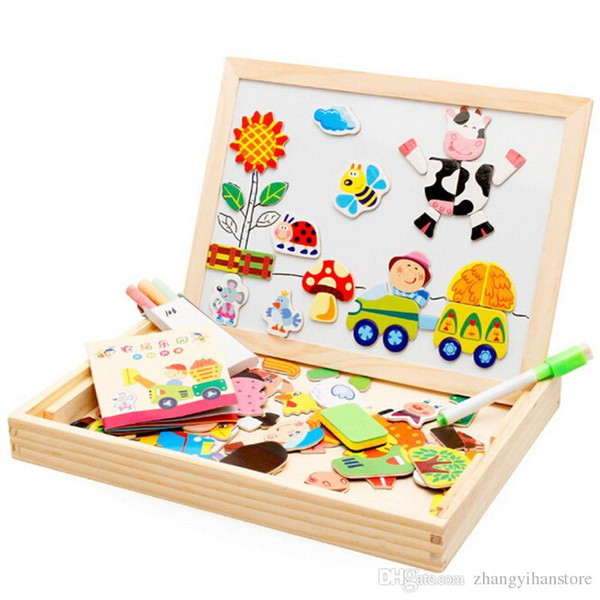 Wholesale-Multifunctional Wooden Toys Educational Magnetic Puzzle Farm Jungle Animal Children Kids Jigsaw Baby Drawing Easel Board