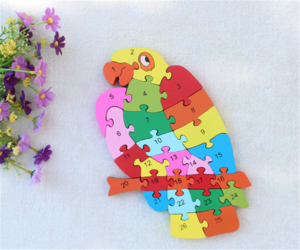 New wooden toy Animal Parrot 26 piece English letters and digital cognitive Wooden Jigsaw Puzzle Free shipping