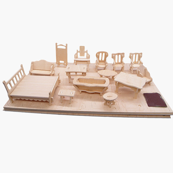 34pcs/set 1:24 Dollhouse Mini Furnitures Children's Educational Wooden Doll Furniture Toy,3d Woodcraft Puzzle Model Kit Toy