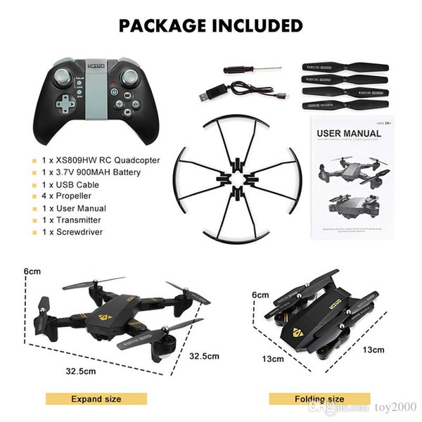 XS809W Quadcopter Aircraft Wifi FPV 2.4G 4CH 6 Axis Altitude Function RC Drone with 720P HD 2MP Camera RC Toy Foldable Drone