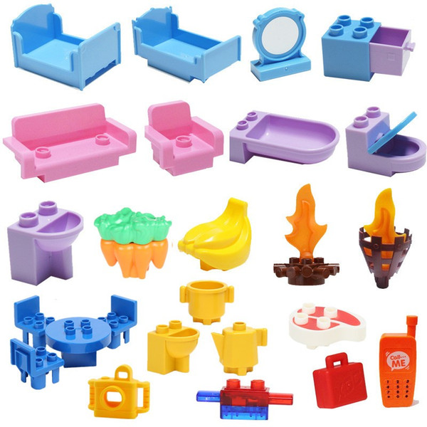 Large Building Blocks Pink Room Setting Girls Role Play Toys Bed Sofa Phone Camera Flashing Light Compatible with Duploe