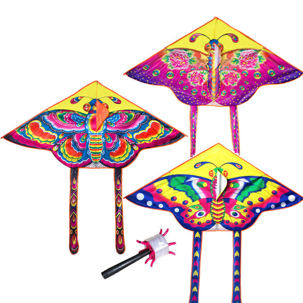 3 Pcs Mix Wholesale 90*55cm Nylon Rainbow Butterfly Outdoor Foldable Children's Stunt Kite Surf With 60M Control Bar And Line Random Color