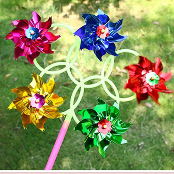 DIY outdoor play toys,mini kites plastic colorful windmill,five wheel sequins windmill