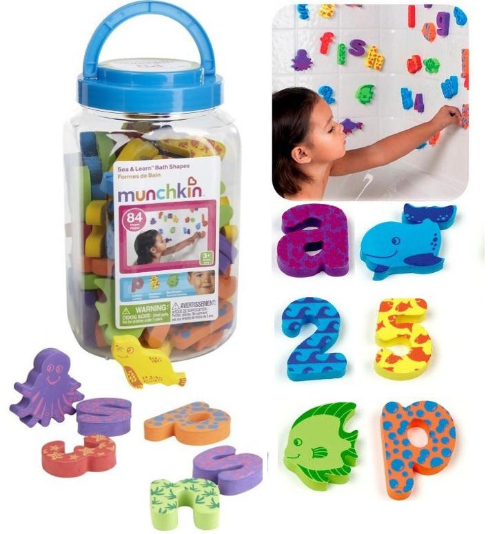 Munchkin brand new children bath toys eva foam 26 letter digital bucket 84pcs baby floating toy cognitive barrel