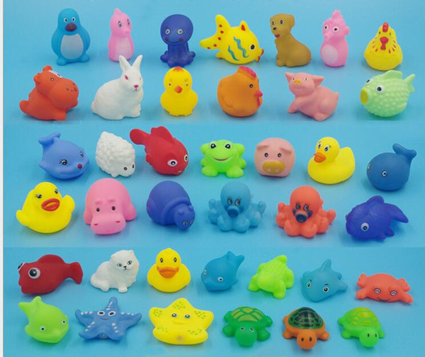 50 style EMS Baby Bath Toys Water Floating Dolls Animal Cartoon Yellow Ducks Starfish Children Swiming Beach Rubber Toy Kids Gifts I4313