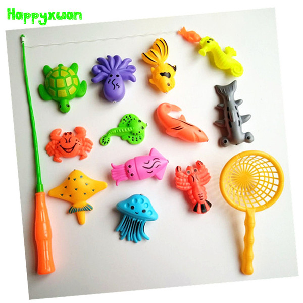 Happyxuan 14pcs Set Magnetic Fishing Toy Game Kids 1 Rod 1 net 12 3D Fish Baby Bath Toys Outdoor Fun