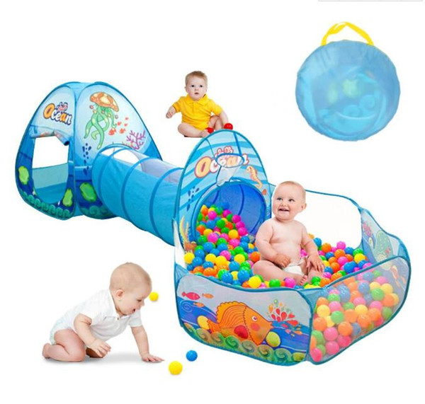 Kids Play Tent Tunnel Ball Pit with Basketball Hoop Carton Ocean Animals 3 in 1 Set Pop-up Easy Open Fold Cubby Tube Teepee