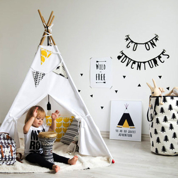 White Trigonometric Tents Pure Cotton India Canvas Crawl Interactive Toy Wooden Stents Door Type Solid Rope Tie Baby Small Castle Game Tent