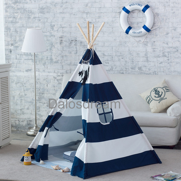 Wholesale-Dalosdream Foldable Cotton Canvas Indian Teepee Kid Play Tent for Children Playhouse-Blue and White Stripe.