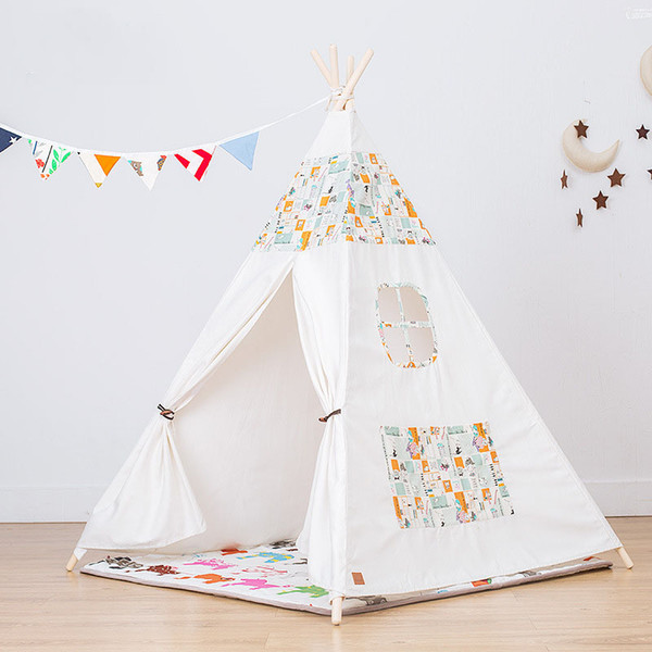 New Indian Style Game Tent House Kids Indoor Toy House Cotton Canvas Deluxe Teepee Playhouse Tent Classic Portable White Teepee