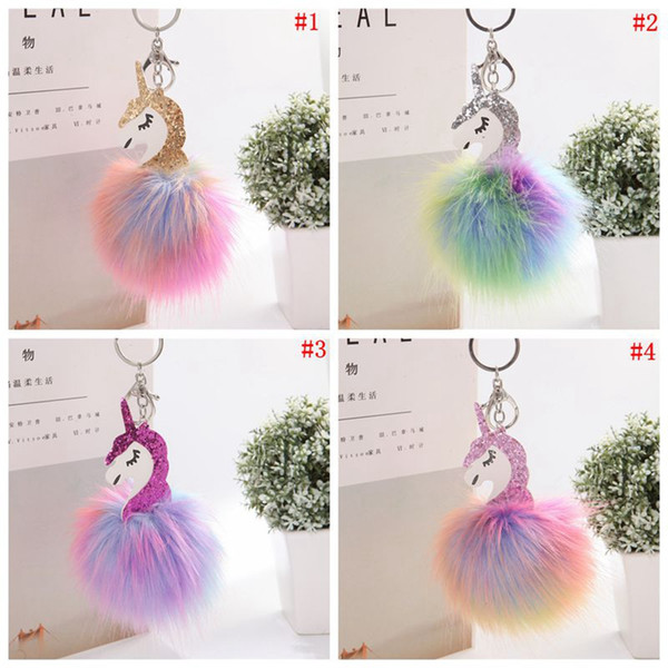 Unicorn Key Chain Pendant 10cm Cute Anime Horse Keychain Women Car Styling Fluffy Fur Pompom Keyring Bag Hanging Decoration OOA3343