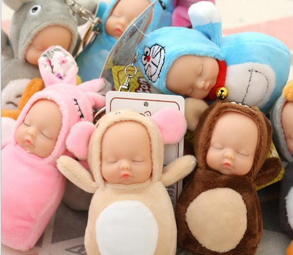 Cute Sleeping Baby Doll Keychain Pompom Rabbit Fur Ball Key Chain Car Keyring Women Key Holder Bag Pendant Charm Accessories Plush Baby Toys