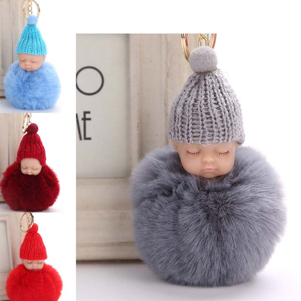 Hot Sale Sweet Fluffy Pompom Sleeping Baby Key Chain Plush Gift Rabbit Fur Pom pon Knitted Hat Baby Doll Toy Trendy G