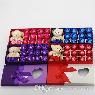 Romantic Rose Soap Flower With Little Cute Bear Doll 12pcs Box Gift For Valentine Day Gifts for Wedding Gift for birthday Gifts