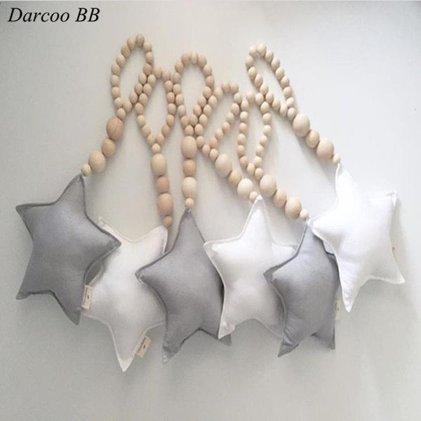 Wholesale- Nordic Style Handmade Natural Wood Beads With Stuffed Star Small Pendant Toys Children's Room Tnet Bed Wall Decoration