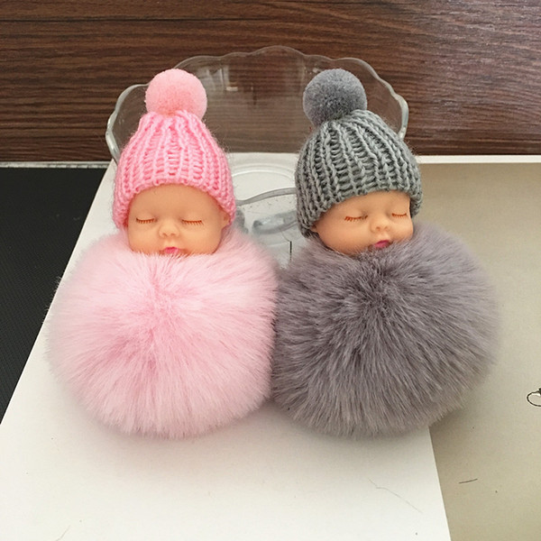 13*8cm Sleeping Baby Doll Keychain Pompom Faux Rabbit Fur Ball Baby Toy Women Trinket Bag Charms