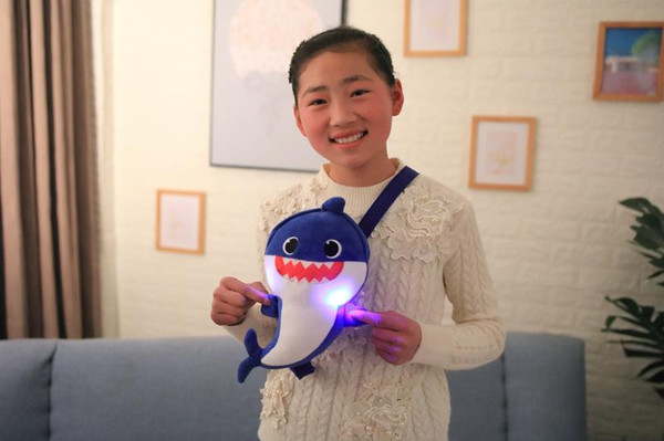 32cm Baby Shark Crossbody Backpack with sound Lights Plush Toys Shoulder Bag Cute Cartoon Children's Bag