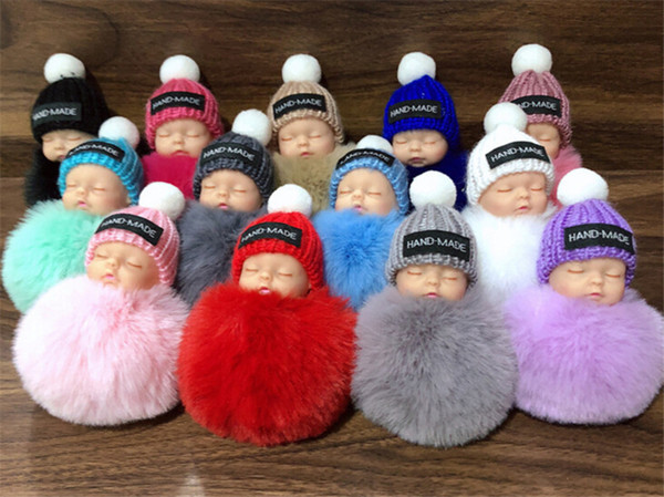 Cute Sleeping Baby Doll Keychain Pompom Rabbit Fur Ball Key Chain Car Keyring Women Key Holder Bag Pendant Charm Accessories