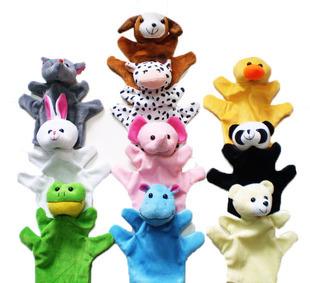 Wholesale-hand puppets flush fabric dolls gift glove para play game in house bed bags cartoon duck teddy bear panda dograbbit cow