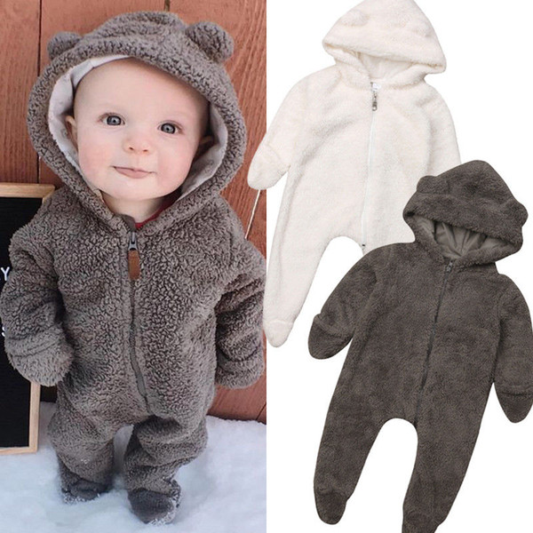 Cute Newborn Baby Boy Winter 3D Ear Hooded Zipper Romper Long Sleeve Jumpsuit Clothes