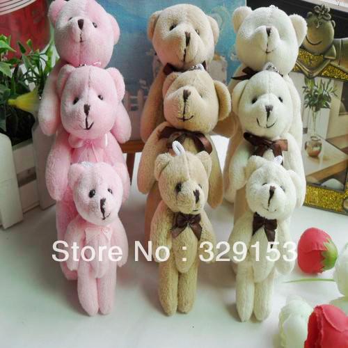 Free shipping H-8cm lovely Mini Bow-Tie Stuffed Jointed Teddy Bear Gift Flower Packing Teddy Bear 3color mix 48pcs/lot