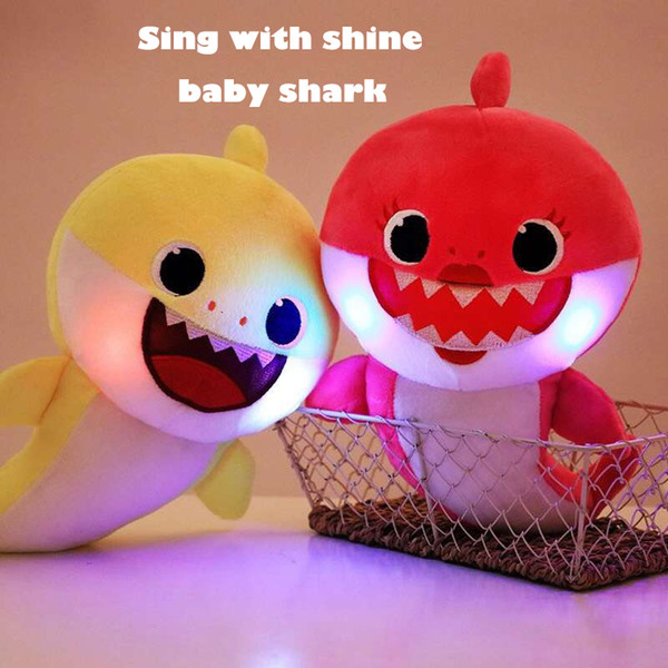 PinkFong Baby Shark Stuffed Lighting with sing Dolls Squeeze Cartoon Plush Toys Grandpa Grandma Soft Doll for Kids Christmas Gift Party Supp