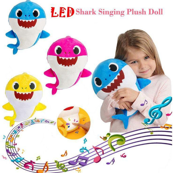 3 Colors 30cm LED Music Baby Shark Plush Toys Cartoon Stuffed Lovely Animal Soft Dolls Music Shark Plush Doll Party Favor K230