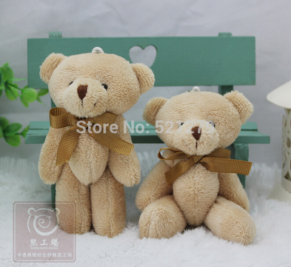 Wholesale- T108 Free shipping 24pcs/lot Promotion 12CM bow tie brown teddy bear mini joint plush keychain bear bouquet toy/phone pendant