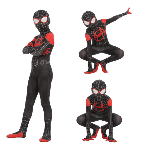 Children Kids Spider-man Into The Spider Verse Miles Morales Cosplay Costume Spiderman Pattern Bodysuit Zentai Suit Jumpsuit