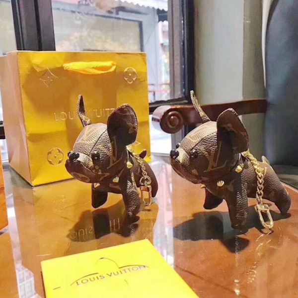 2019 hot new fashion keychain accessories tassel keychain Luxurys brand PU leather puppy pattern car keychain jewelry bag jewelry with box