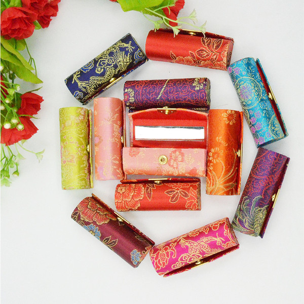 12PCS Flower Design Retro Lipstick Case Brocade Embroidered Holder Box with Mirror