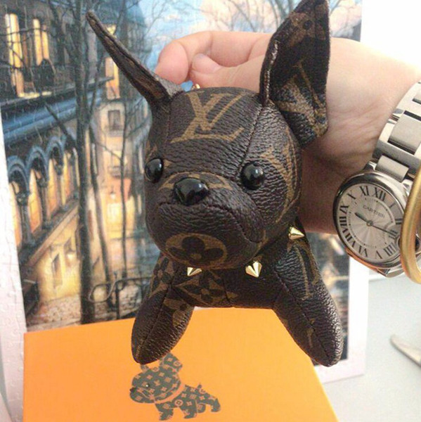 2019 hot new fashion keychain accessories tassel keychain high quality PU leather puppy pattern car keychain jewelry bag jewelry with box