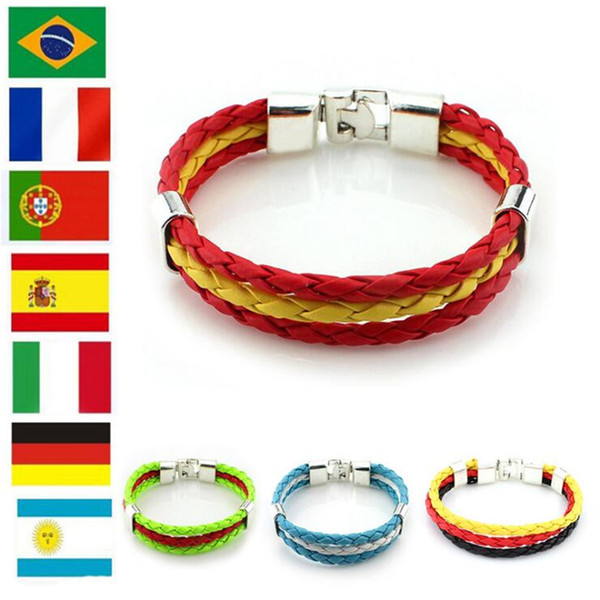 Russia World Cup Flag Color Bracelet Spain Germany Football Fans Symbolize Bracelet Wearing Hand-woven Retro PU Leather Bracelet LA781