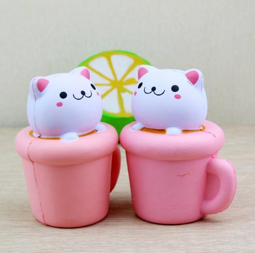 Wholesale Squishy Cup Cat Pink Slow Rising 9cm Kawaii PU Animal Decompression Bread Cake Sweet Scented Phone Pendant Toy Gift