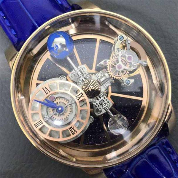 Luxury Transparent Watch Mens Designer Watches 40mm Man Quartz Movement Wristwatches Blue Real Leather Strap Montre De Luxe