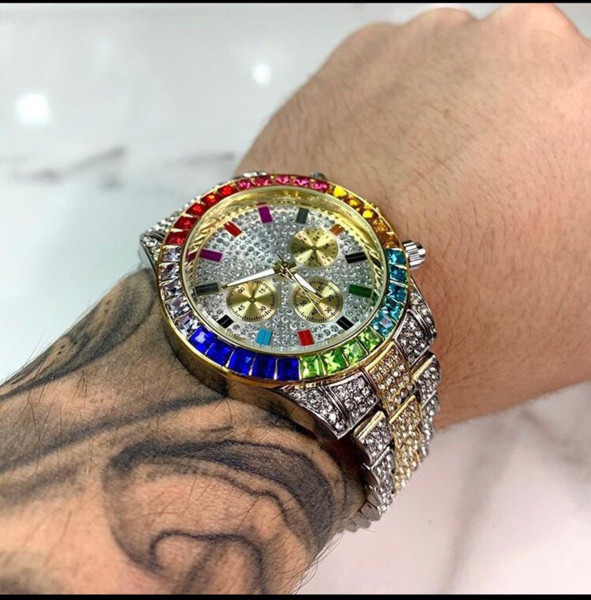 Men Watch Mens Gold men Watch Quartz Clock Chronograph colorful Diamond Steel Iced Out