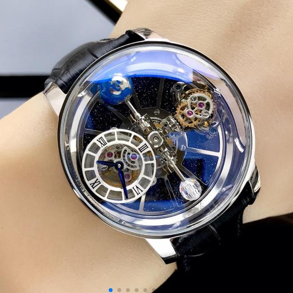 Precious men's wristwatch Swiss quartz movement size 45mm x 18mm blue-light Phantom Crystal Glass 316 steel leather strap pin buckle