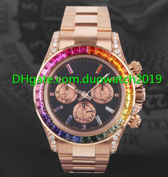 new Top Quality 40mm Men Watches 116595 RBOW Rainbow No Chronograph Diamond Bezel Black Dial Rose Gold Band Mechanical Automatic Movement W