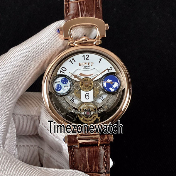 Bovet Amadeo Fleurier Grand Complications Edouard Tourbillon Rose Gold White Skeleton Dial Swiss Quartz Mens Watch Brown Leather Strap E2b2