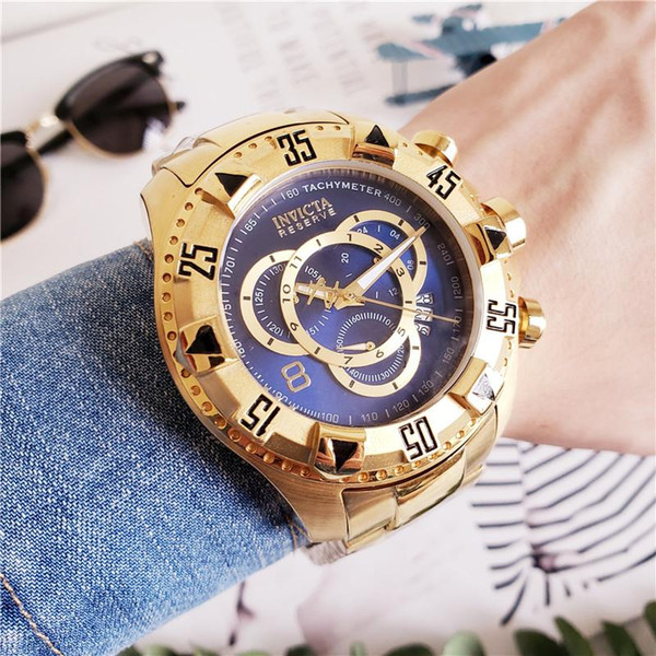 Quality Swiss INVICTA Very large Rotating Dial Super Quality Men Watch Tungsten Steel Multifunction Gold Quartz Watch 20193A High