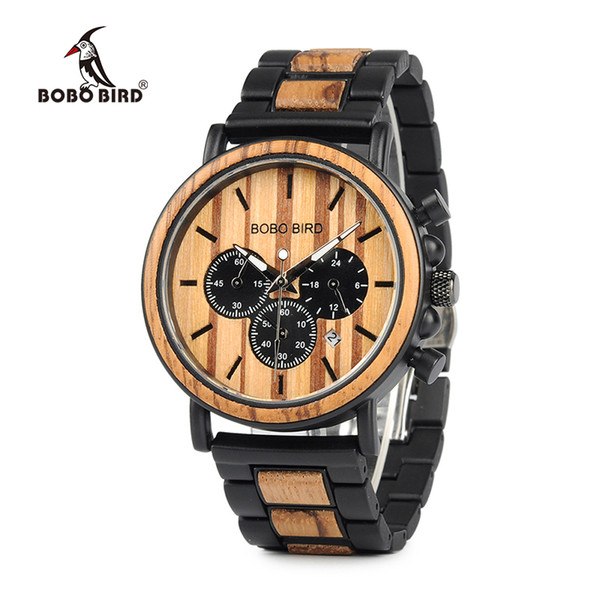 BOBO BIRD Brand Metal Wood Men Watch Chronograph Quartz Movement Wristwatch Calendar Timepiece Logo Customize U-P09